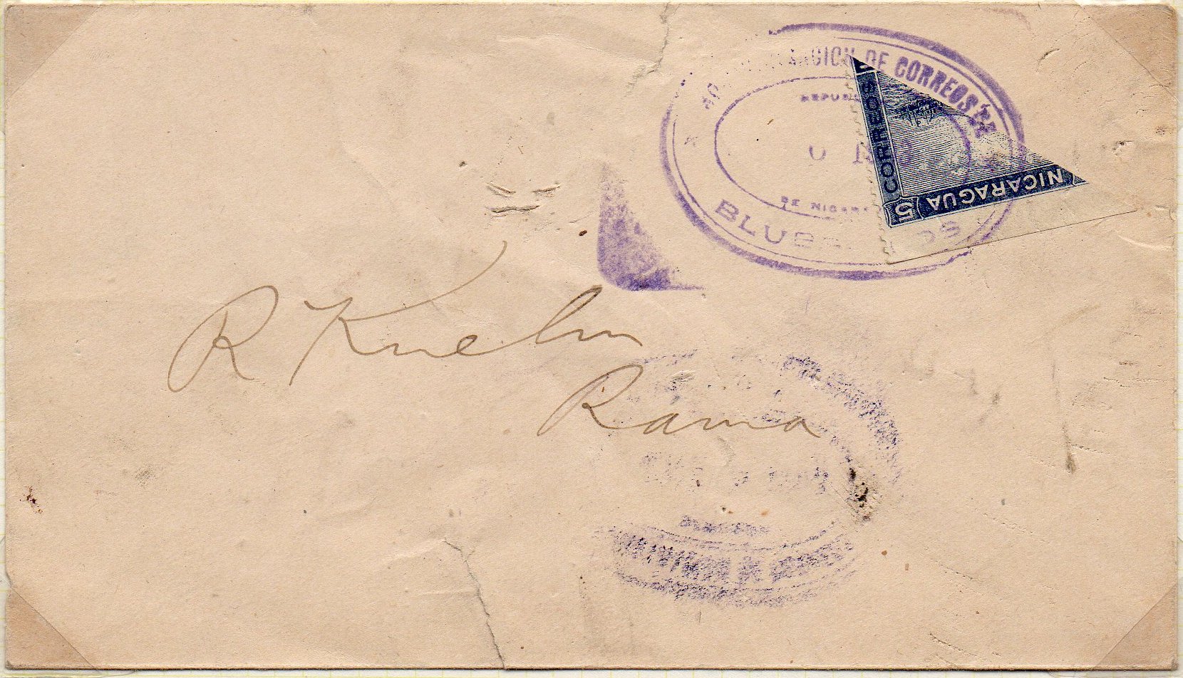timbres-poste sellos postales stamps Nicaragua Momotombo Volcano & Train 1902 bisect on envelope